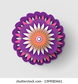 Paper cut design with flower vector composition, floral paper with petals blossom origami style isolated icon vector. Flowering decor made of papers