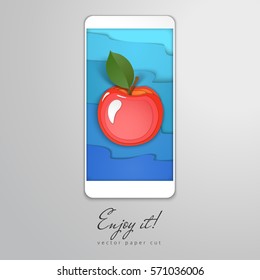 Paper cut design in the form of smartphone. Apple on the screen saver and blue waves on backdrop. Vector illustration. Enjoy it