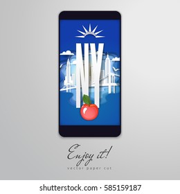Paper cut design in the form of smartphone. Silhouette of New York City. Vector illustration. Enjoy it.
