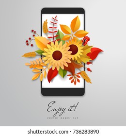 Paper cut design in the form of smartphone. Autumn leaves, apples, pear, mushrooms and berries. Mockup with shadows and elements for design