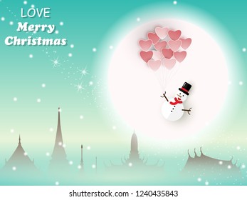 Paper Cut Design Of Love Merry Christmas snowman holding red heart floating on full moon in The Sky and on buddhist temple background with copy space for text,vector illustration eps10.
