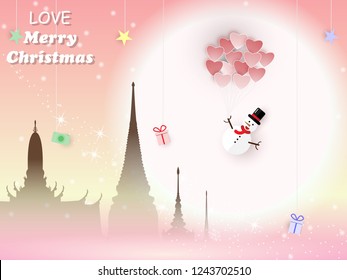 Paper Cut Design Of Love Merry Christmas snowman holding red heart floating on full moon in The Sky and on buddhist temple with gift box symbol on sunset background,vector illustration eps10.