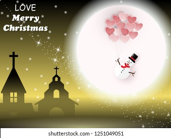 Paper Cut Design Of Love Merry Christmas snowman holding red heart floating on full moon in The Sky with Christ Church on golden night background with copy space for text,vector illustration eps10.