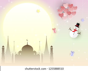 Paper Cut Design Of Love Merry Christmas snowman holding red heart floating on full moon background with copy space for text,vector illustration eps10.