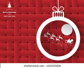 Paper cut design Merry Christmas and happy new year, Santa sleigh Reindeers in Christmas ball on red background,vector illustration eps10.