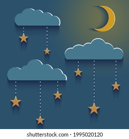 Paper cut design. Night time. Moon, clouds and stars on blue background. Vector.