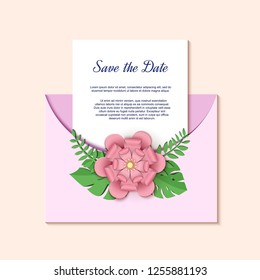 Paper cut design with pink flower and green leaves composition on envelope. Fantasy floral paper craft decorations. Template greeting flyer save the date, birthday, thank you card, Vector illustration