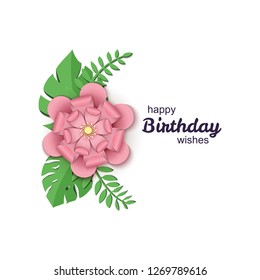 Paper cut design with pink flower and green leaves composition. Fantasy floral paper craft decorations. Template greeting flyer, save the date, birthday, thank you card. Vector illustration.