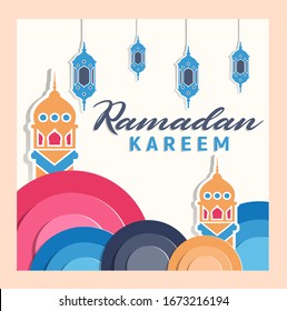 Paper Cut Design Ramadan Kareem Mubarak Greeting Card or banner. Happy & Holy Ramadan. Month of fasting for Muslims. ramadhan kareem typography with mosque, star, moon. 3d design.