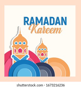 Paper Cut Design Ramadan Kareem Mubarak Greeting Card or banner. Happy & Holy Ramadan. Month of fasting for Muslims. ramadhan kareem typography with mosque, star, moon. 3d design.