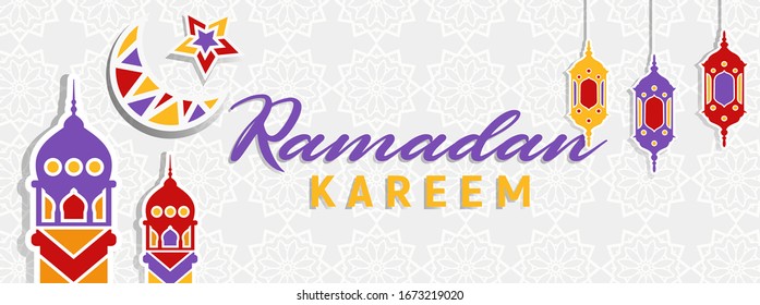 Paper Cut Design Ramadan Kareem Mubarak Greeting Card or banner. Happy & Holy Ramadan. Month of fasting for Muslims. ramadhan kareem typography with mosque, star, moon. 3d design.