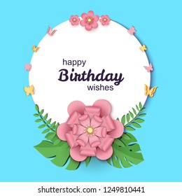 Paper cut design with round sticker and flower composition. White circle with paper fantasy floral decorations. Template greeting flyer, save the date, birthday, thank you card. Vector illustration.