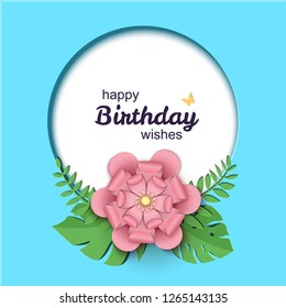 Paper cut design with round sticker and flower composition. White circle with paper fantasy floral decorations. Template greeting flyer, save the date, birthday, thank you card. Vector illustration