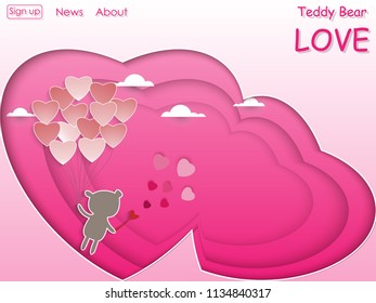 Paper Cut Design Of Valentine Heart Symbol In Balloon Shape With Teddy Bear hold red heart floating in The Sky with copy space.