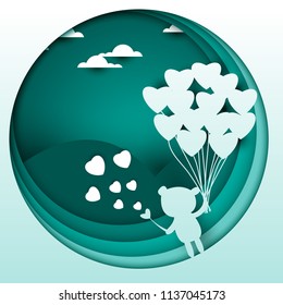 Paper Cut Design Of Valentine Heart Symbol In Balloon Shape With Teddy Bear holding heart floating in The Sky on mountain view and clouds.