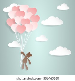 Paper Cut Design Of Valentine Heart Symbol In Balloon Shape With Hanging Teddy Bear Above The Sky