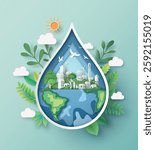 Paper cut design of water drop containing a globe and eco-city to promote sustainability and clean water efforts.