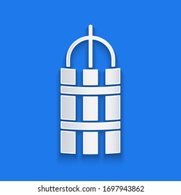 Papierschnitt Detonate-Dynamite-Bombe-Stick und Timer-Uhr Symbol einzeln auf blauem Hintergrund. Zeitbombe - Explosionsgefährdungskonzept. Kunststil aus Papier. Vektorillustration-Illustration