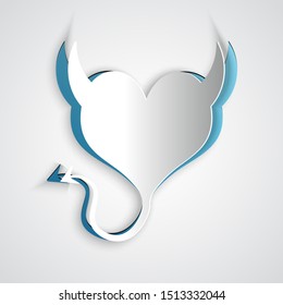 Paper cut Devil heart with horns and a tail icon isolated on grey background. Valentines Day symbol. Paper art style. Vector Illustration