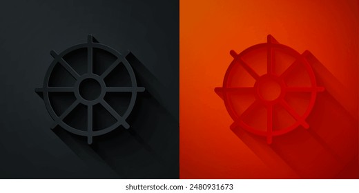 Paper cut Dharma wheel icon isolated on black and red background. Buddhism religion sign. Dharmachakra symbol. Paper art style. Vector