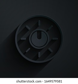 Paper cut Dial knob level technology settings icon isolated on black background. Volume button, sound control, analog regulator. Paper art style. Vector Illustration
