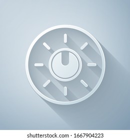 Paper cut Dial knob level technology settings icon isolated on grey background. Volume button, sound control, analog regulator. Paper art style. Vector Illustration