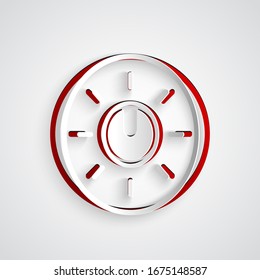 Paper cut Dial knob level technology settings icon isolated on grey background. Volume button, sound control, analog regulator. Paper art style. Vector Illustration