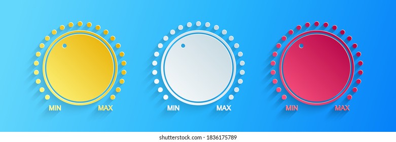 Paper cut Dial knob level technology settings icon isolated on blue background. Volume button, sound control, music knob with scale, analog regulator. Paper art style. Vector.
