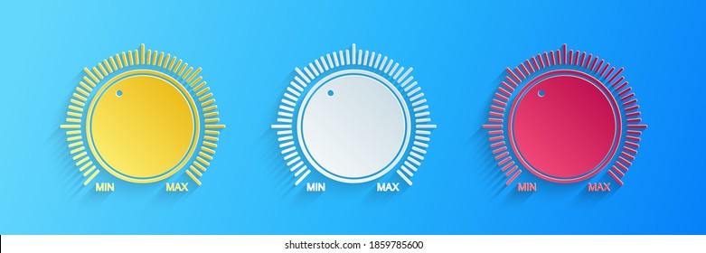 Paper cut Dial knob level technology settings icon isolated on blue background. Volume button, sound control, music knob with scale, analog regulator. Paper art style. Vector.