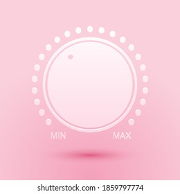 Paper cut Dial knob level technology settings icon isolated on pink background. Volume button, sound control, music knob with scale, analog regulator. Paper art style. Vector.