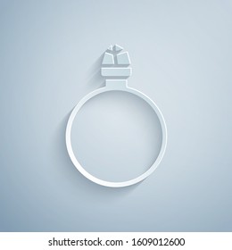 Paper cut Diamond engagement ring icon isolated on grey background. Paper art style. Vector Illustration