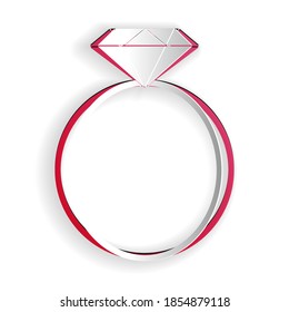 Recorte de papel Icono del anillo de compromiso de diamantes aislado en fondo blanco. Estilo de arte de papel. Vector.
