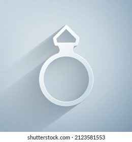 Paper cut Diamond engagement ring icon isolated on grey background. Paper art style. Vector
