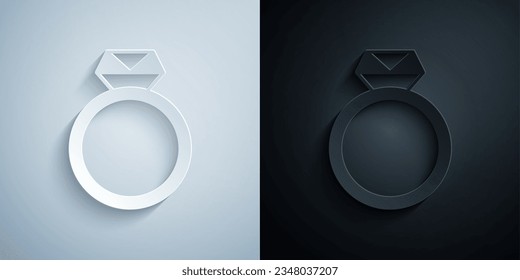 Paper cut Diamond engagement ring icon isolated on grey and black background. Paper art style. Vector