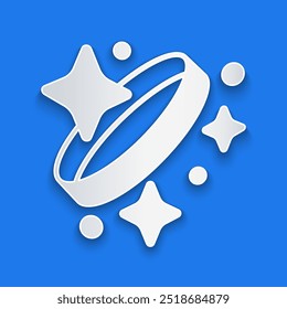 Icono de anillo de compromiso de diamante cortado en papel aislado sobre fondo azul. Estilo de arte de papel. Vector