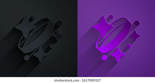 Paper cut Diamond engagement ring icon isolated on black on purple background. Paper art style. Vector