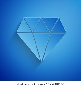 Paper cut Diamond icon isolated on blue background. Jewelry symbol. Gem stone. Paper art style. Vector Illustration