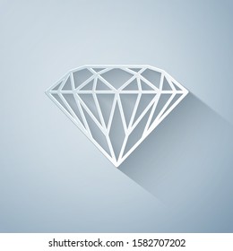 Paper cut Diamond icon isolated on grey background. Jewelry symbol. Gem stone. Paper art style. Vector Illustration