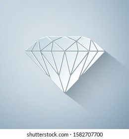 Paper cut Diamond icon isolated on grey background. Jewelry symbol. Gem stone. Paper art style. Vector Illustration