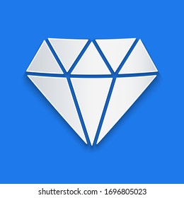 Paper cut Diamond icon isolated on blue background. Jewelry symbol. Gem stone. Paper art style. Vector Illustration