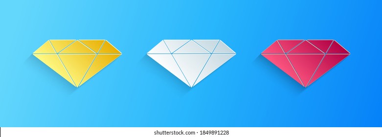 Icono de diamante cortado en papel aislado en fondo azul. Símbolo de joyería. Gem stone. Estilo de arte de papel. Vector.