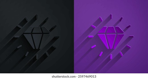 Paper cut Diamond icon isolated on black on purple background. Jewelry symbol. Gem stone. Paper art style. Vector