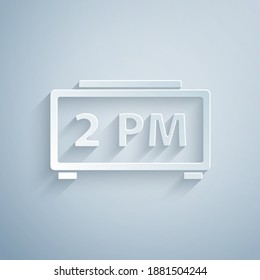Paper cut Digital alarm clock icon isolated on grey background. Electronic watch alarm clock. Time icon. Paper art style. Vector.