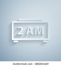Paper cut Digital alarm clock icon isolated on grey background. Electronic watch alarm clock. Time icon. Paper art style. Vector.