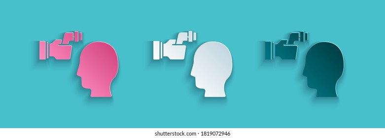 Paper cut Digital contactless thermometer with infrared light for medical examination icon isolated on blue background. Checking body temperature. Paper art style. Vector