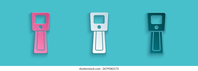 Paper cut Digital contactless thermometer with infrared light icon isolated on blue background. Paper art style. Vector