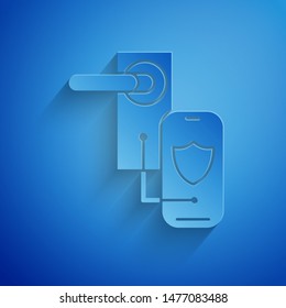 Paper cut Digital door lock with wireless technology for lock icon isolated on blue background. Door handle sign. Security smart home. Paper art style. Vector Illustration