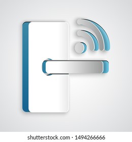 Paper cut Digital door lock with wireless technology for unlock icon isolated on grey background. Door handle sign. Security smart home. Paper art style. Vector Illustration