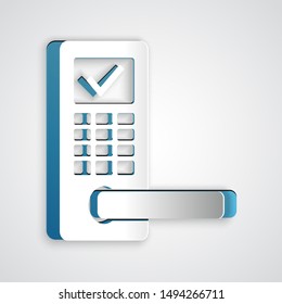 Paper cut Digital door lock with wireless technology for unlock icon isolated on grey background. Door handle sign. Security smart home. Paper art style. Vector Illustration