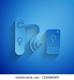 Paper cut Digital door lock with wireless technology for unlock icon isolated on blue background. Door handle sign. Security smart home. Paper art style. Vector Illustration